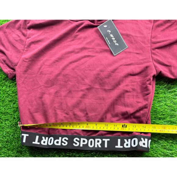 C-Mode Women’s Crop Hoodie Top L Burgundy Short Sleeve Sport Hem NWT Activewear - Picture 4 of 7